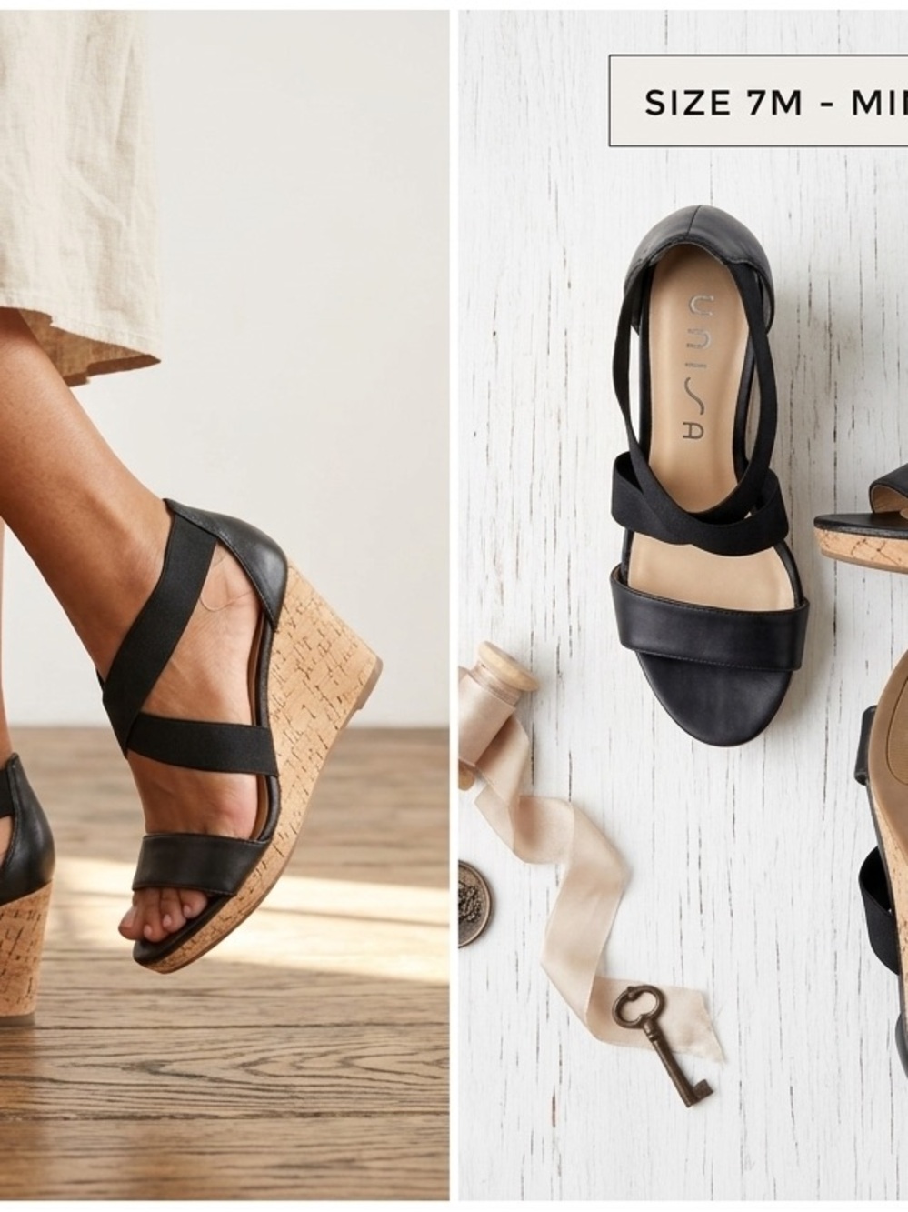 Unisa Black Cork Wedge Sandals with Elastic Crossover Straps